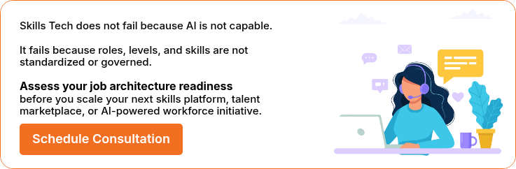 Skills&nbsp;Tech does&nbsp;not fail because AI is&nbsp;not capable. &nbsp; It fails because roles, levels, and skills are&nbsp;not standardized or governed.&nbsp; &nbsp; Assess your job architecture readiness&nbsp; before you scale your next skills platform, talent marketplace, or AI-powered workforce initiative.&nbsp;