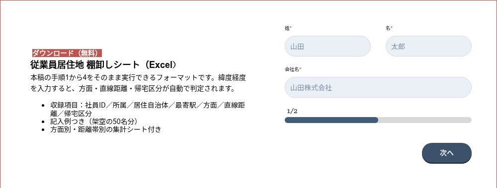 &nbsp;ダウンロード（無料）&nbsp; 従業員居住地 棚卸しシート（Excel） 本稿の手順1から4をそのまま実行できるフォーマットです。緯度経度を入力すると、方面・直線距離・帰宅区分が自動で判定されます。 収録項目：社員ID／所属／居住自治体／最寄駅／方面／直線距離／帰宅区分 記入例つき（架空の50名分） 方面別・距離帯別の集計シート付き