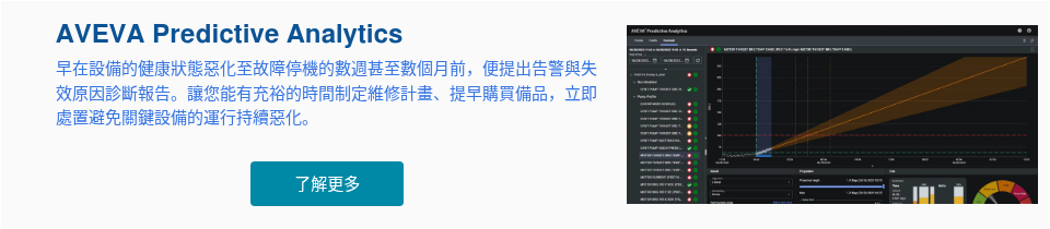 AVEVA Predictive Analytics 早在設備的健康狀態惡化至故障停機的數週甚至數個月前，便提出告警與失效原因診斷報告。讓您能有充裕的時間制定維修計畫、提早購買備品，立即處置避免關鍵設備的運行持續惡化。 &nbsp;