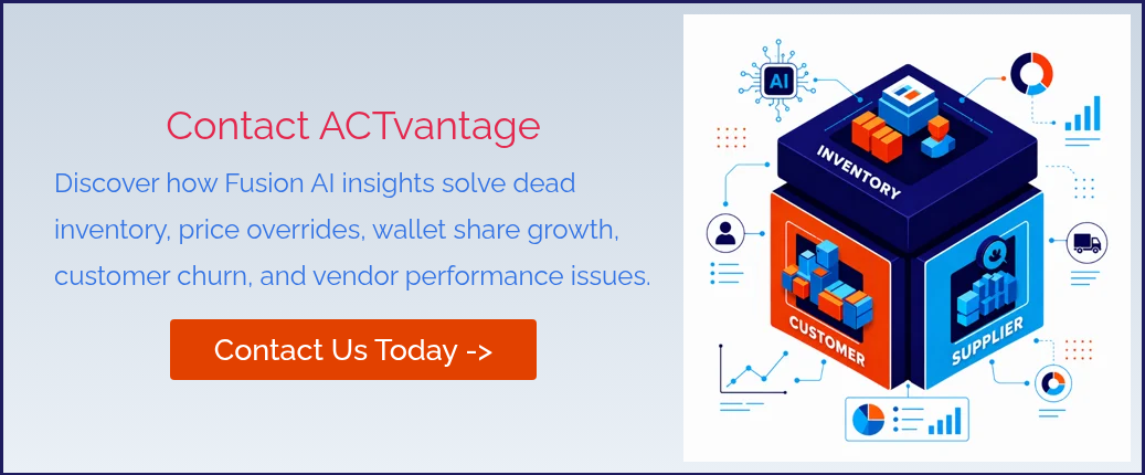 Contact ACTvantage Discover how Fusion AI insights solve dead inventory, price overrides, wallet share growth, customer churn, and vendor performance issues. &nbsp;