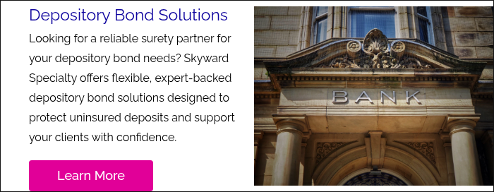 Depository Bond Solutions Looking for a reliable surety partner for your depository bond needs? Skyward Specialty offers flexible, expert-backed depository bond solutions designed to protect uninsured deposits and support your clients with confidence.&nbsp; &nbsp;