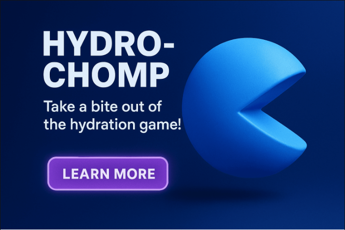 3D digital graphic featuring a bold, glossy blue Pac-Man-style character titled “Hydro-Chomp” with the tagline “Take a bite out of the hydration game!” A glowing neon mauve button below reads “Learn More.” Designed to promote pediatric hydration in a fun, interactive way for The Bladder Breakthrough.