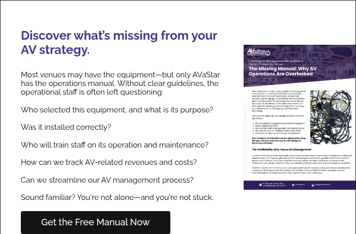 Discover what’s missing from your AV strategy. Most venues may have the equipment—but only AVaStar has the operations manual. Without clear guidelines, the operational staff is often left questioning: Who selected this equipment, and what is its purpose? Was it installed correctly? Who will train staff on its operation and maintenance? How can we track AV-related revenues and costs? Can we streamline our AV management process? Sound familiar? You're not alone—and you're not stuck. &nbsp;