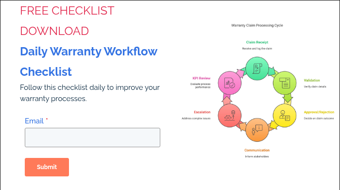 FREE CHECKLIST DOWNLOAD Daily Warranty Workflow Checklist Follow this checklist daily to improve your warranty processes. &nbsp;