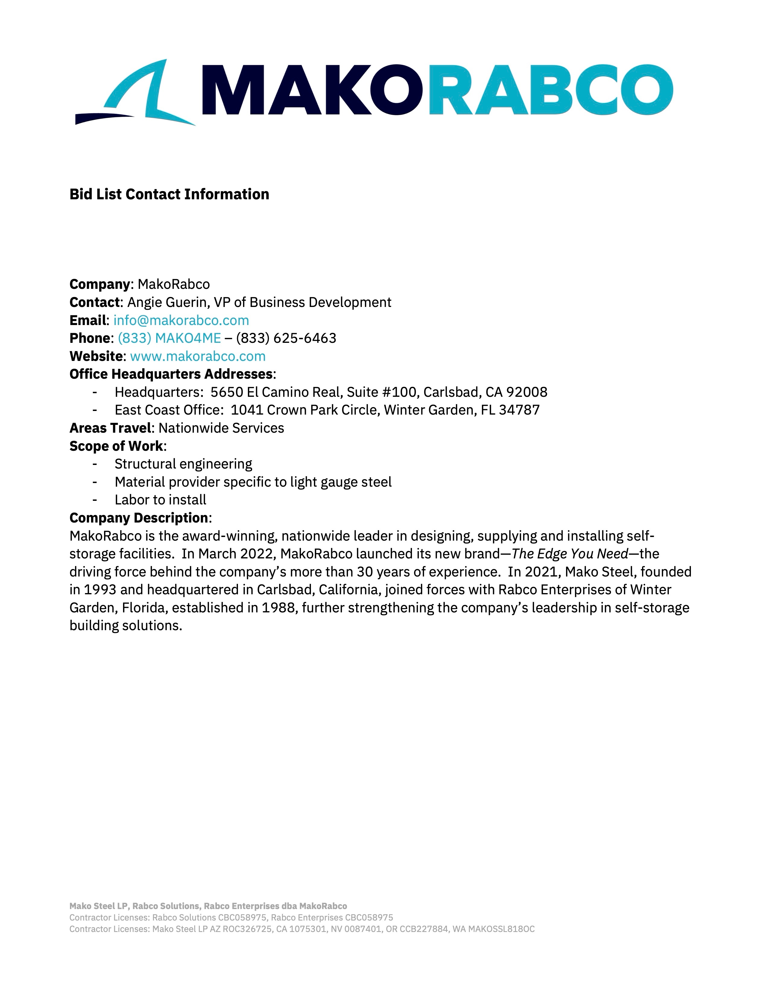 MakoRabco Bid List Contact Information