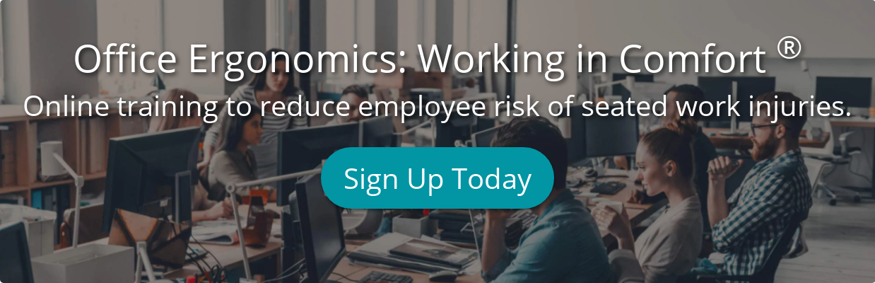 Office Ergonomics: Working in Comfort Online training to reduce employee risk  of seated work injuries. Sign Up Today