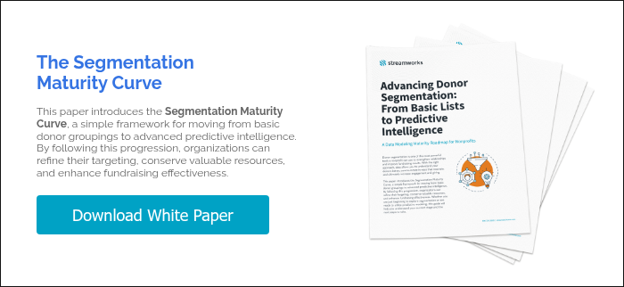 The Segmentation Maturity Curve   This paper introduces the Segmentation Maturity Curve, a simple framework for moving from basic donor groupings to advanced predictive intelligence. By following this progression, organizations can refine their targeting, conserve valuable resources, and enhance fundraising effectiveness.  