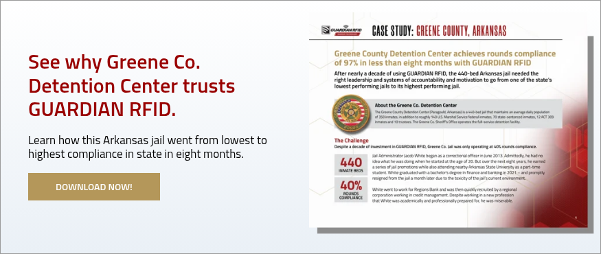 See why Greene Co. Detention Center trusts GUARDIAN RFID.&nbsp; Learn how this Arkansas jail went from lowest to highest compliance in state in eight months. &nbsp;