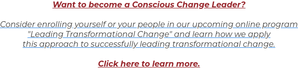 Want to become a Conscious Change Leader?  Consider enrolling yourself or your people in our upcoming online program "Leading Transformational Change" and learn how we apply  this approach to successfully leading transformational change.  Click here to learn more.
