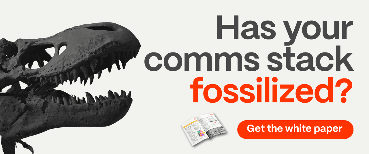 A graphic promoting a white paper on customer communications modernization by Elixir. A Tyrannosaurus rex skull bears in from the left of the frame, and a two-page spread of a booklet appears. Text reads: "Has your comms stack fossilized? Get the white paper."