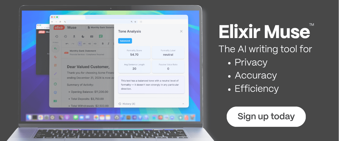 A banner CTA for Elixir Muse. A laptop displays a browser window running Elixir Muse's Tone Analysis feature on a customer-facing document. Text reads: "Elixir Muse, the AI writing tool for privacy, accuracy, and efficiency. Sign up today."