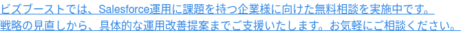 ビズブーストでは、Salesforce運用に課題を持つ企業様に向けた無料相談を実施中です。 戦略の見直しから、具体的な運用改善提案までご支援いたします。お気軽にご相談ください。