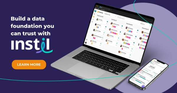 text says "build a foundation you can trust with instil - learn more" next to a laptop and an iPhone, both with Instil's platform open on the screen.