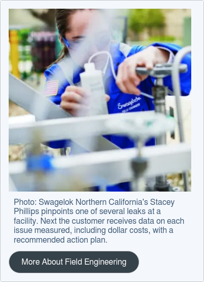 Photo: Swagelok Northern California's Stacey Phillips pinpoints one of several leaks at a facility. Next the customer receives data on each issue measured, including dollar costs, with a recommended action plan.